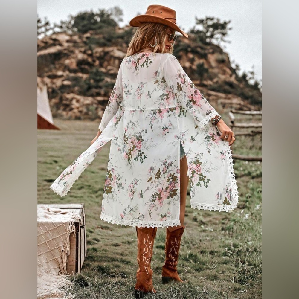 ❤️ SHEIN Swim Floral Print Contrast Lace Split Hem Kimono, Summer Beach large - Picture 6 of 11